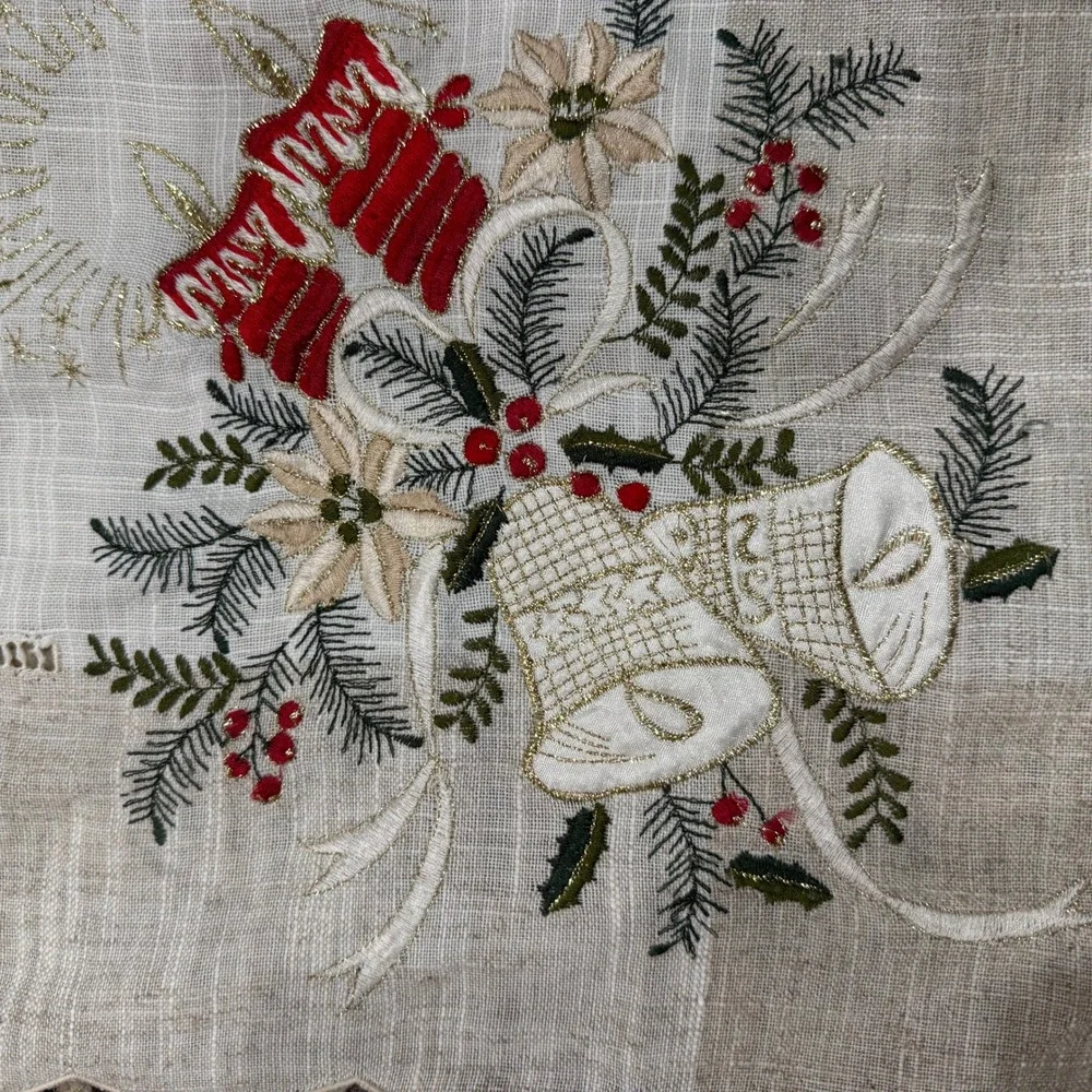 Vintage Embroidered Christmas Tablecloth Bells Poinsettia Holly Hemstitch 33x33